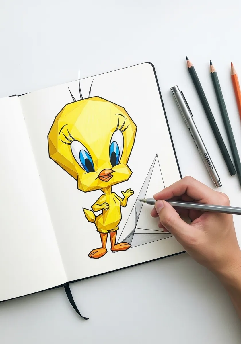 Colored Tweety with the original pencil construction circles still visible on the page