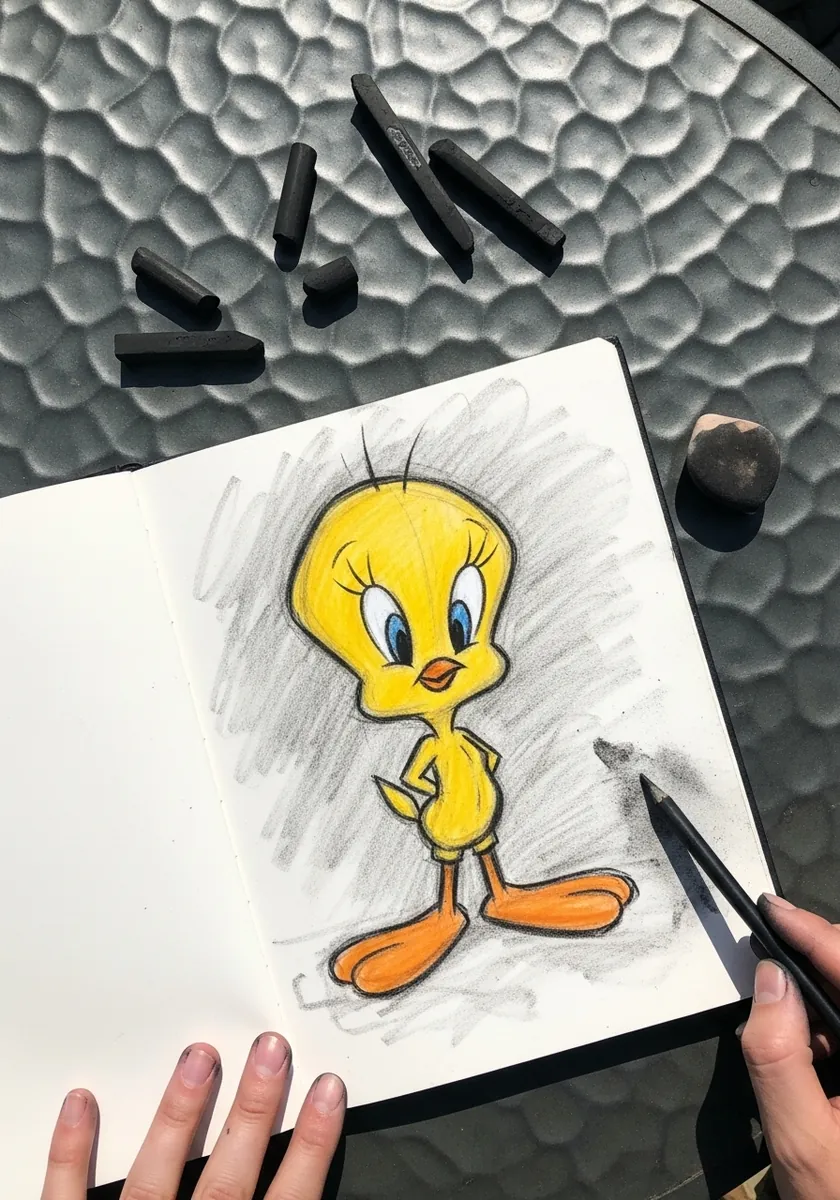 Colored Tweety on a page with a smudged dark charcoal background around him