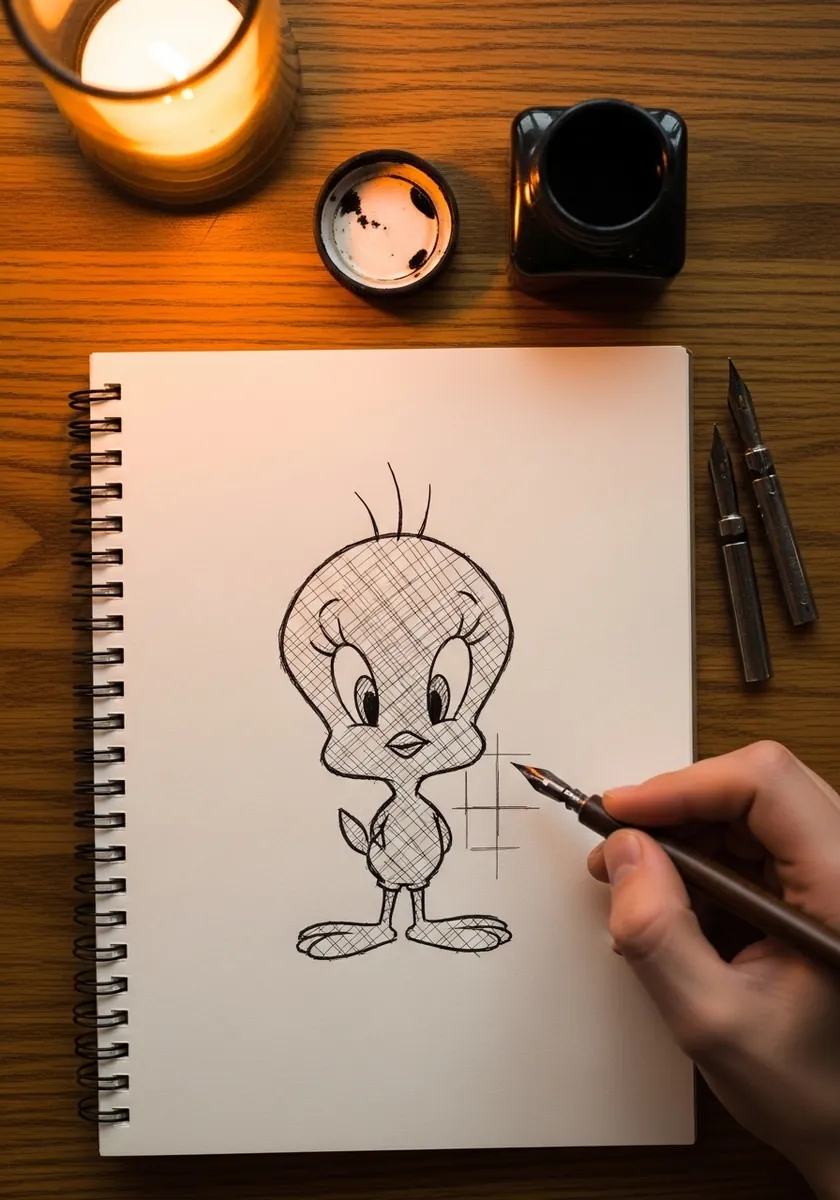 Pencil drawing of Tweety with visible construction circles and grid lines around him