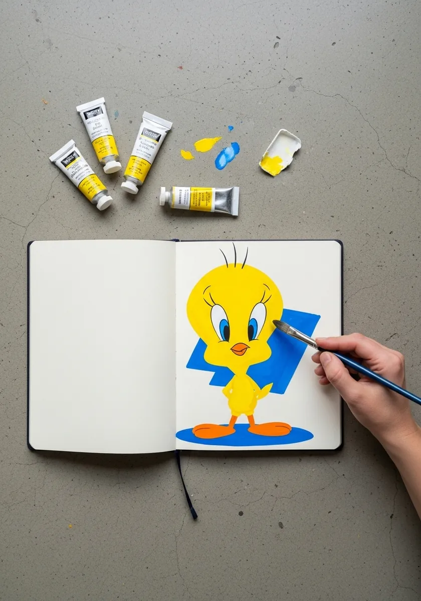 Tweety painted in gouache standing on a bold blue splash shape