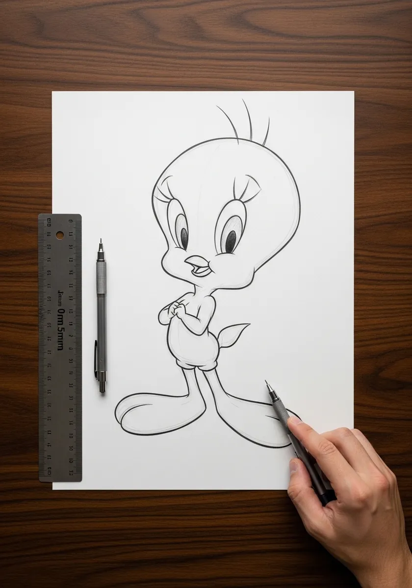 Big clean pencil line drawing of Tweety on a large sheet with a ruler beside it