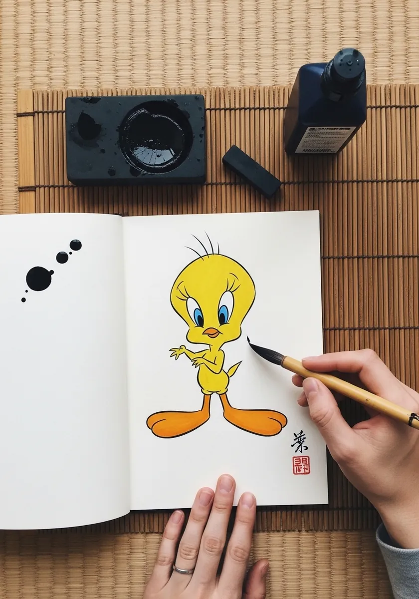 Brush and ink Tweety with soft color and a small red seal stamp on the page