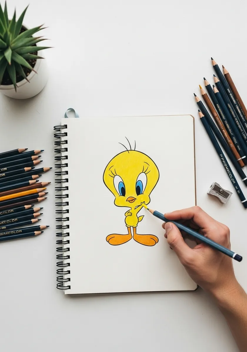 Colored pencil Tweety drawn carefully in a spiral bound sketchbook