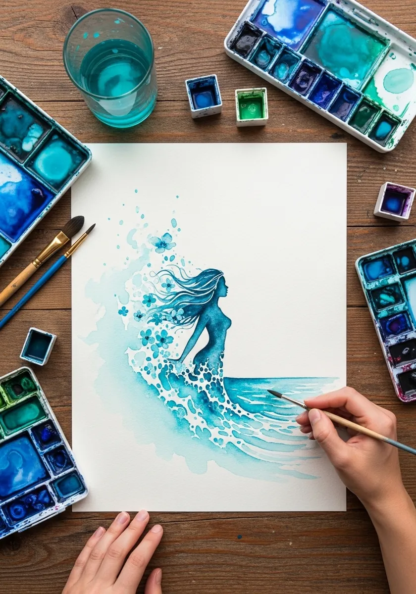 Watercolor painting of a figure with flowing hair riding a curling teal wave