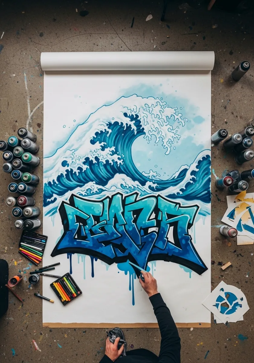 Spray paint style great wave with graffiti lettering in blue and white