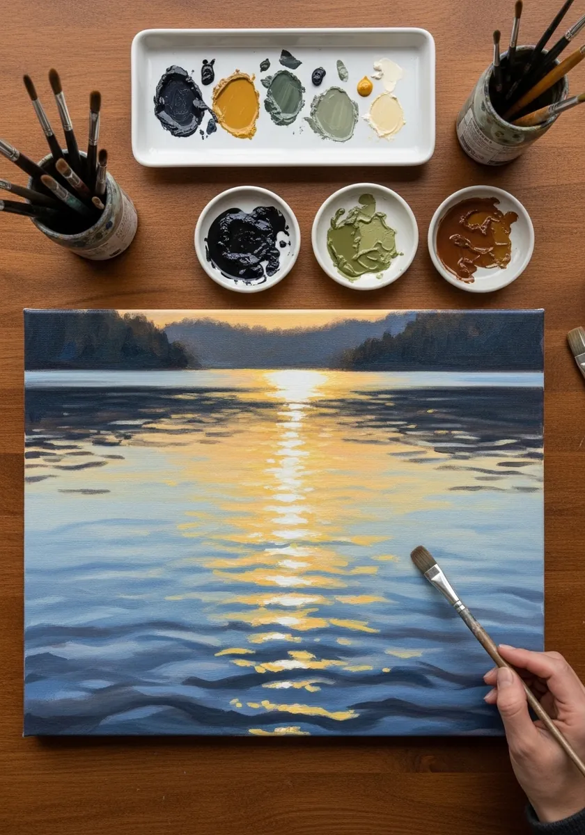 Oil painting of a lake at sunset with a golden light path across the water