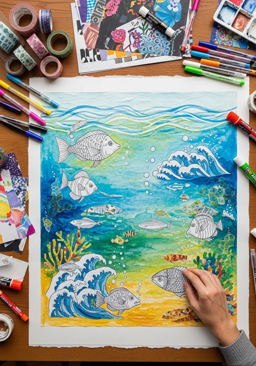 Bright marker drawing of a coral reef with fish, waves and sandy seabed