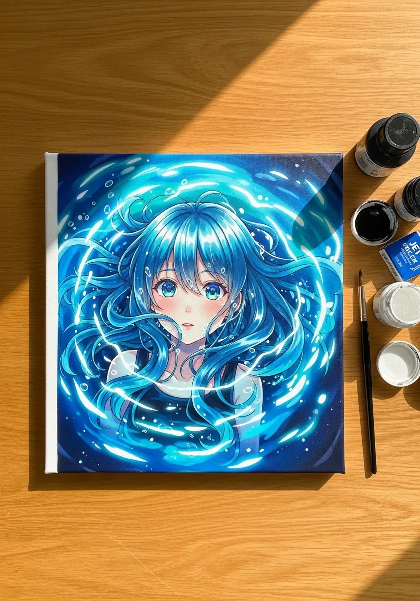 Glowing blue anime style figure surrounded by a swirling ring of water