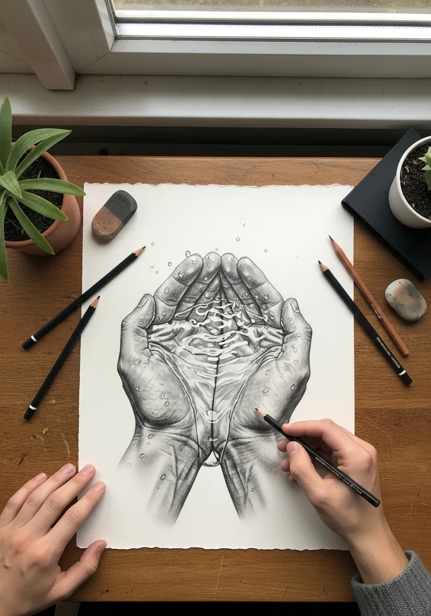 Detailed pencil drawing of two cupped hands holding a pool of water