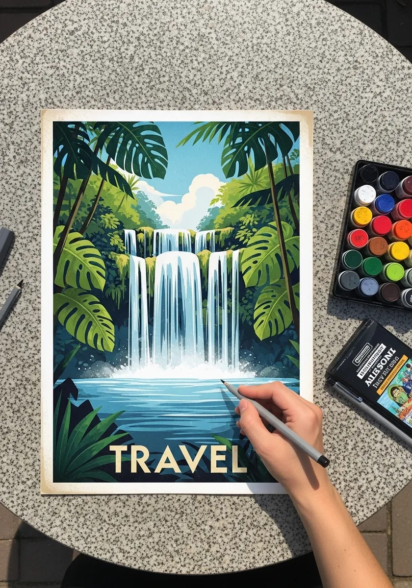 Stylized travel poster of a jungle waterfall with bold flat colors