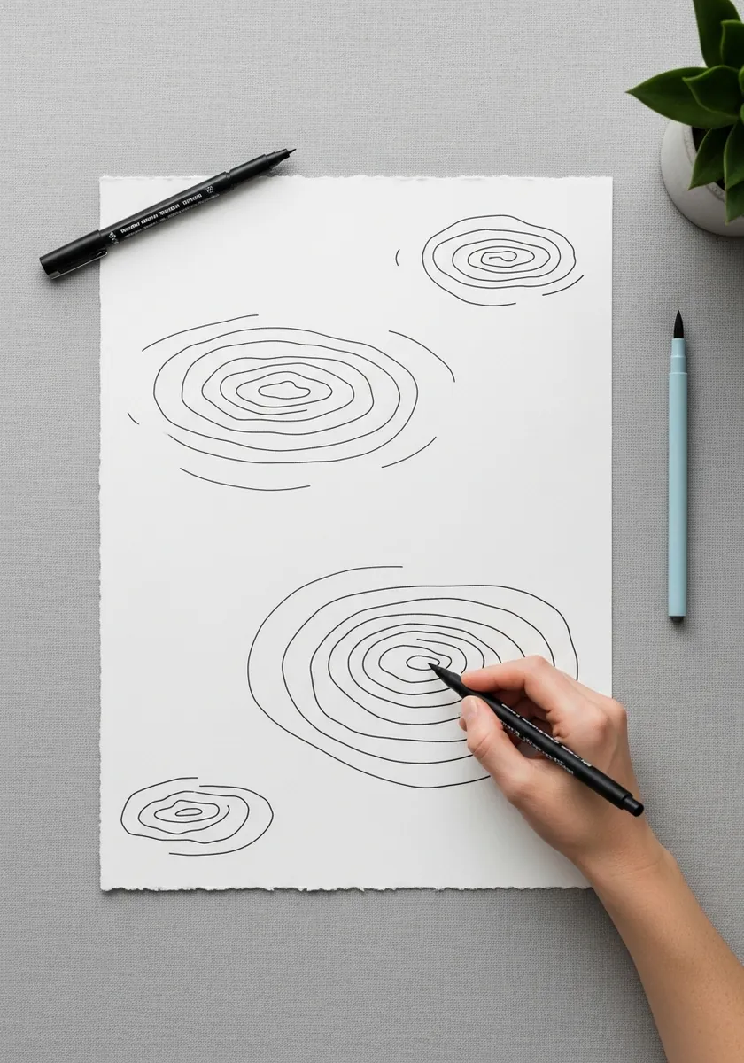 Simple pencil drawing of a few concentric ripple rings on a plain gray ground