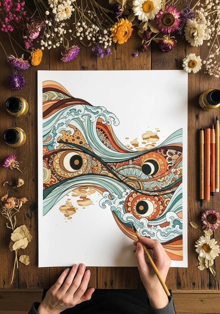 Ornate art nouveau style koi and swirling water in warm gold and teal