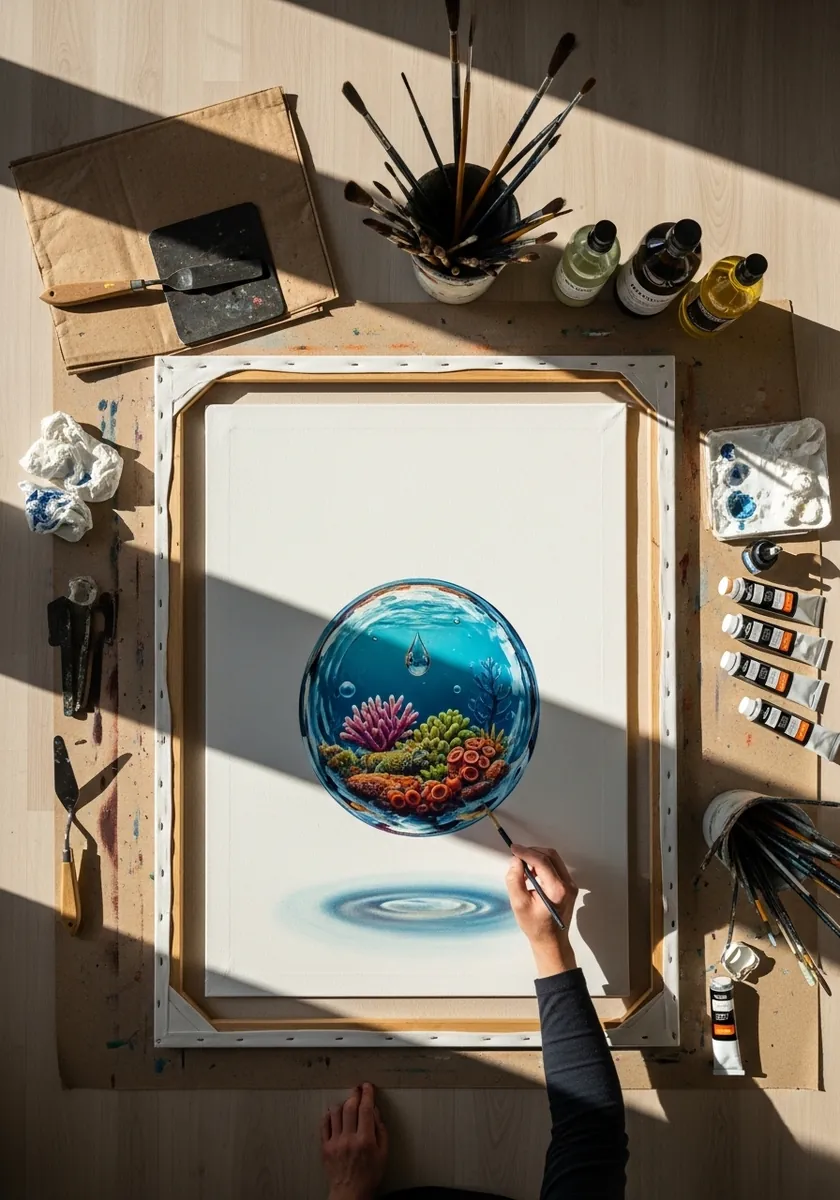 Circular painting of a coral reef scene contained inside a glass sphere