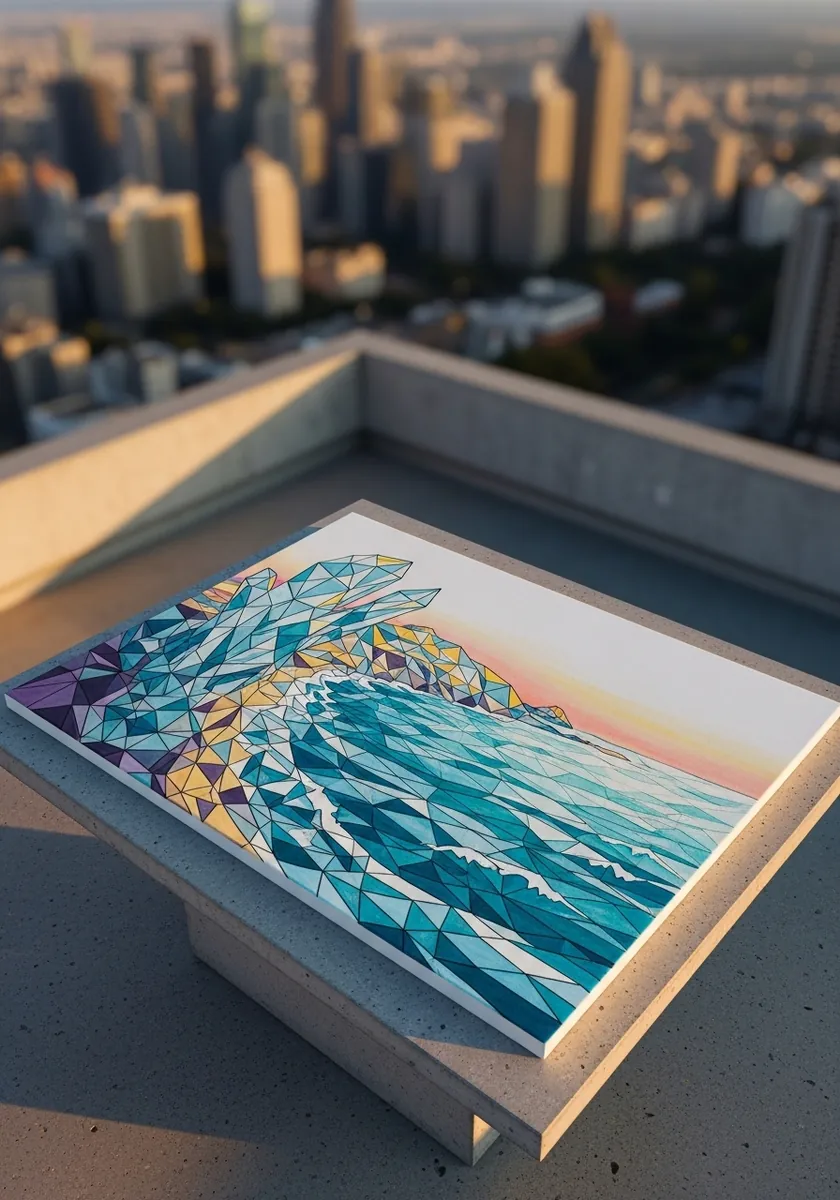 Wave drawn to appear as if rising out of a box against a city skyline