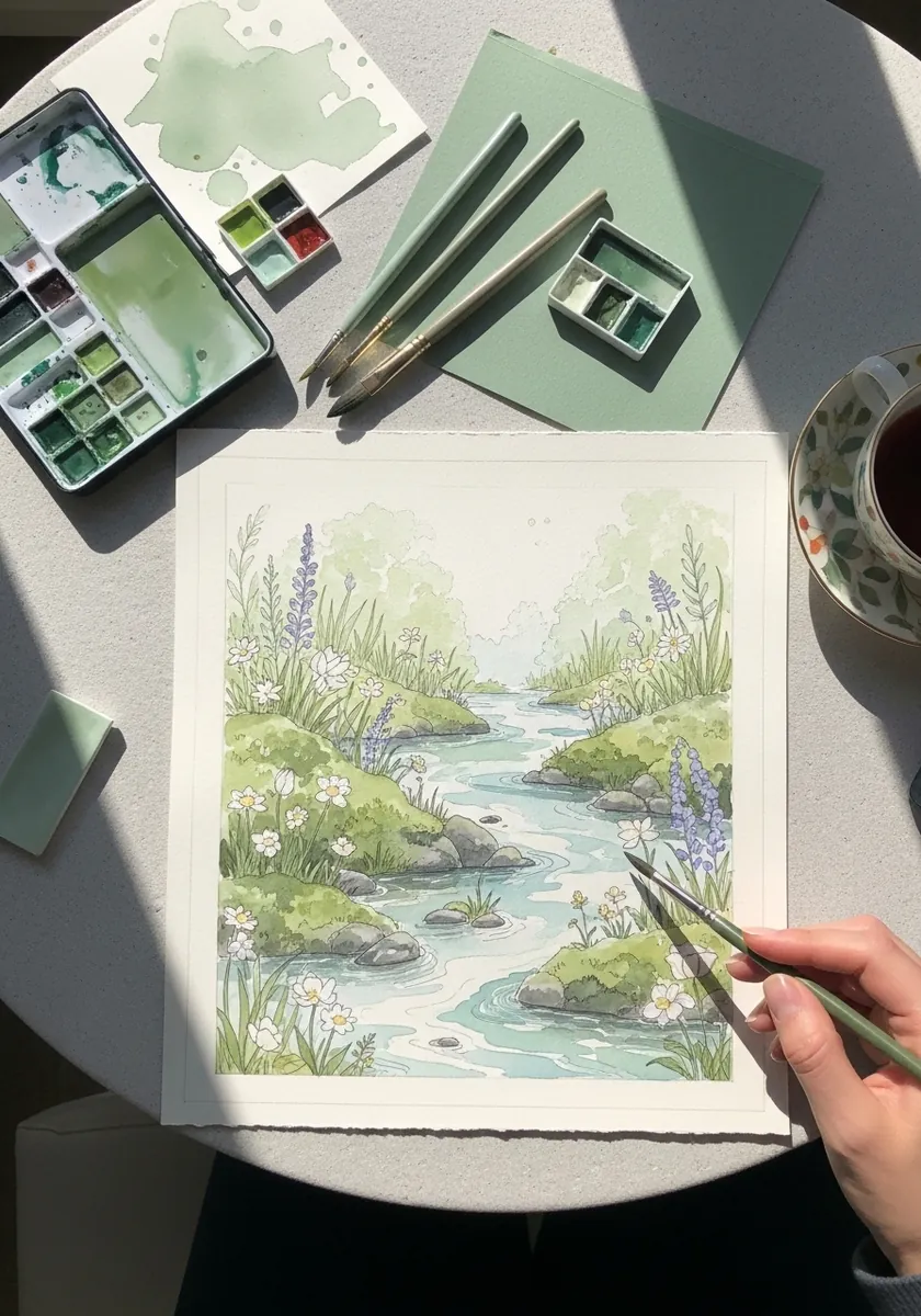Delicate watercolor of a shallow stream running past wildflowers and rocks