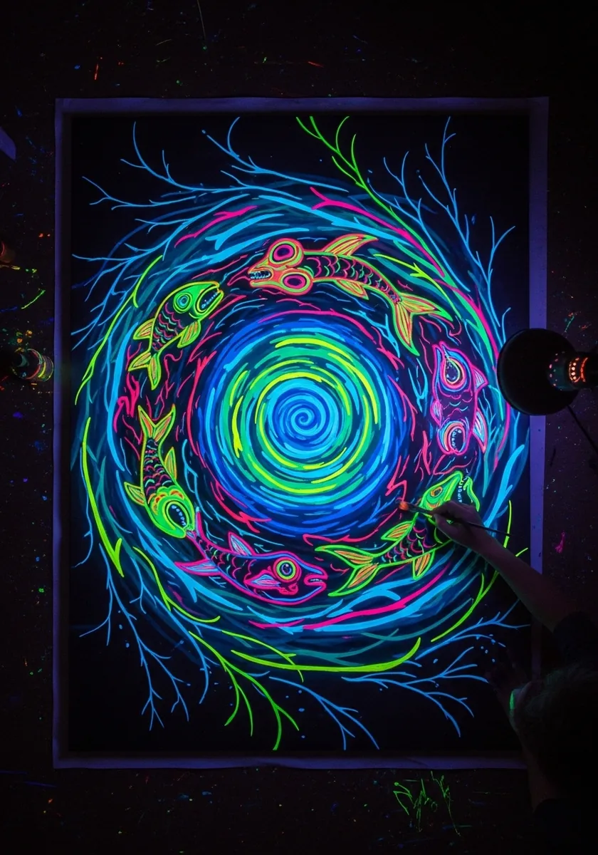 Bright neon spiral whirlpool with fish drawn on black paper under UV light