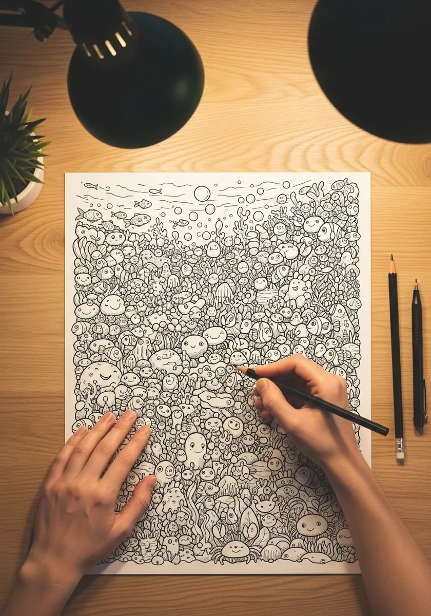 Detailed ink drawing filling the page with overlapping bubbles and water shapes