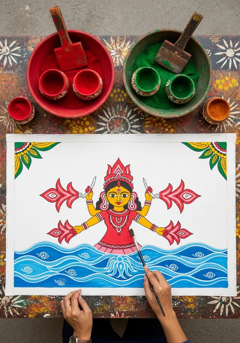 Bright folk art painting of a figure standing on stylized blue and white waves