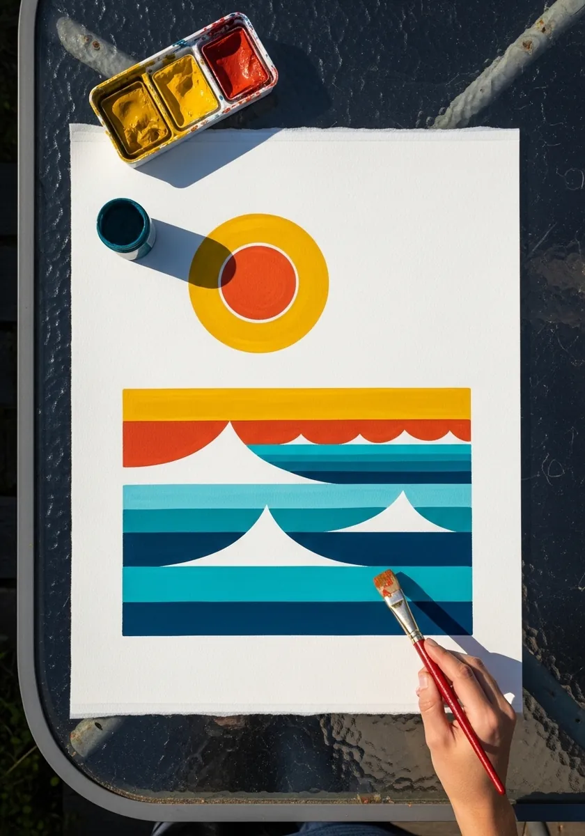 Retro flat design of sea, sun and waves in orange, teal and cream