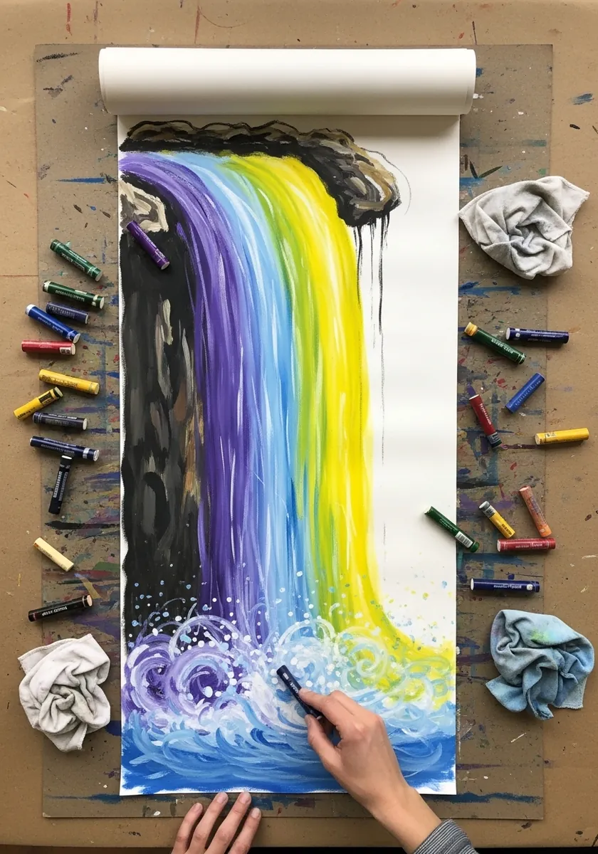 Tall oil pastel painting of a waterfall in rainbow colors falling into blue water