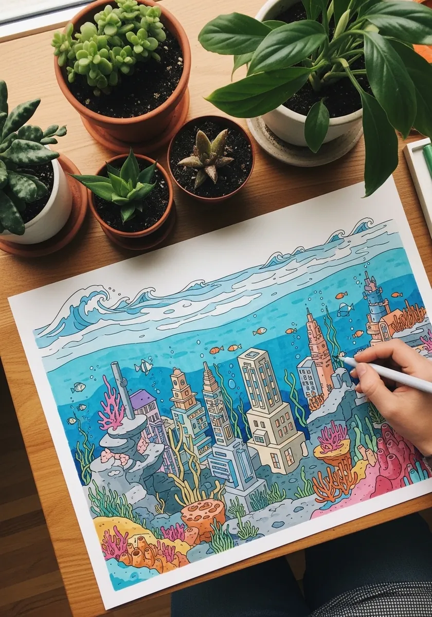 Colorful marker drawing of a submerged city with coral growing on buildings