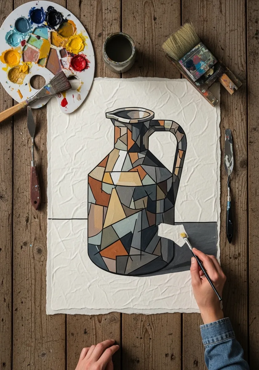 Geometric cubist style painting of a jug pouring water in muted earth tones