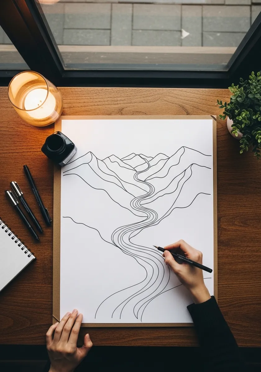 Simple flowing contour lines suggesting a river winding between hills