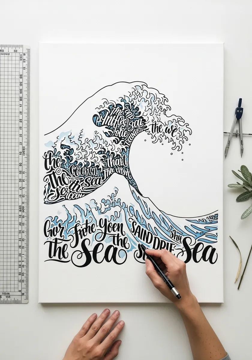 Great wave outline filled with flowing hand lettering and calligraphy