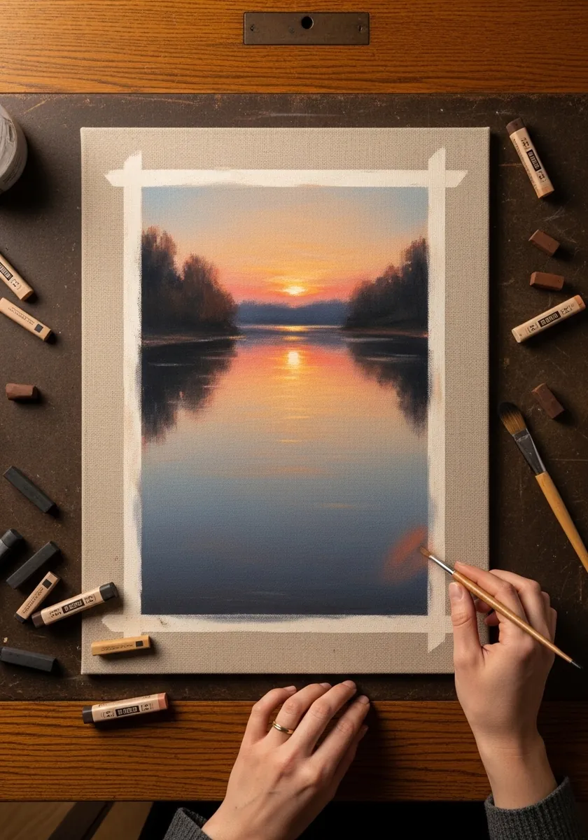 Soft pastel painting of a still lake at sunrise with a mirrored reflection