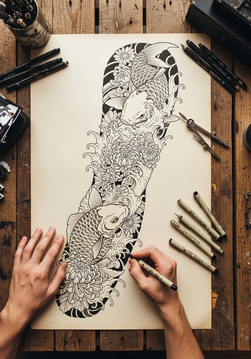 Long vertical panel of koi fish filled with dense zentangle patterns