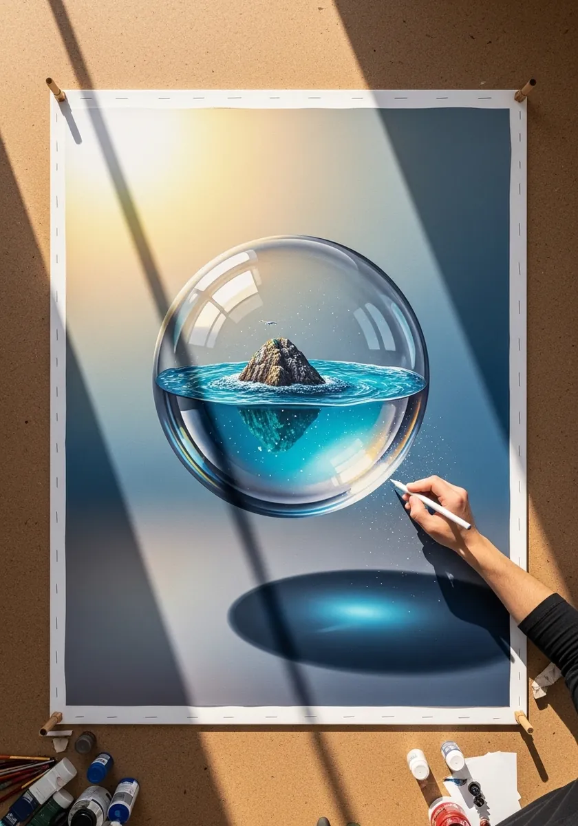 Photorealistic drawing of a glass sphere containing water and a tiny island
