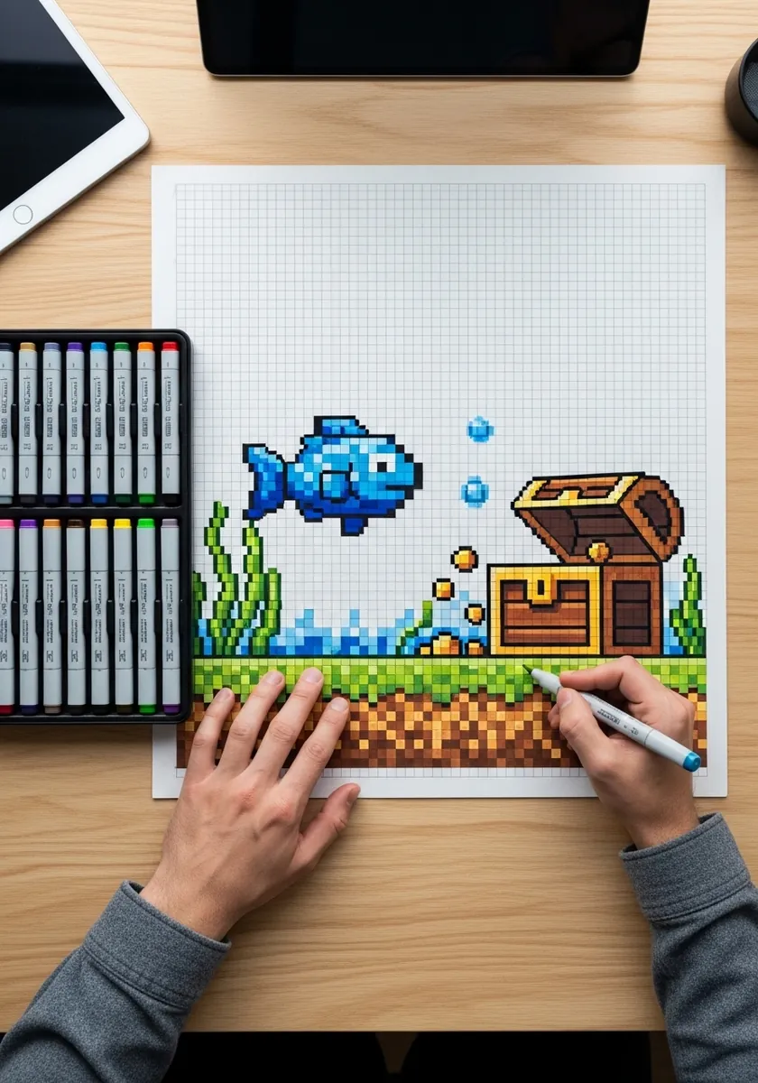 Pixel art drawing of an underwater scene with a fish, treasure chest and seaweed