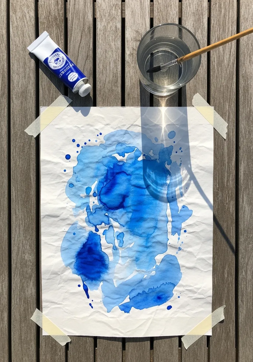 Blue ink dropped into water on paper with a real glass beside it