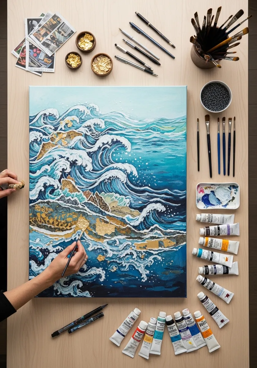 Acrylic painting of waves breaking over rocks with foam and spray detail