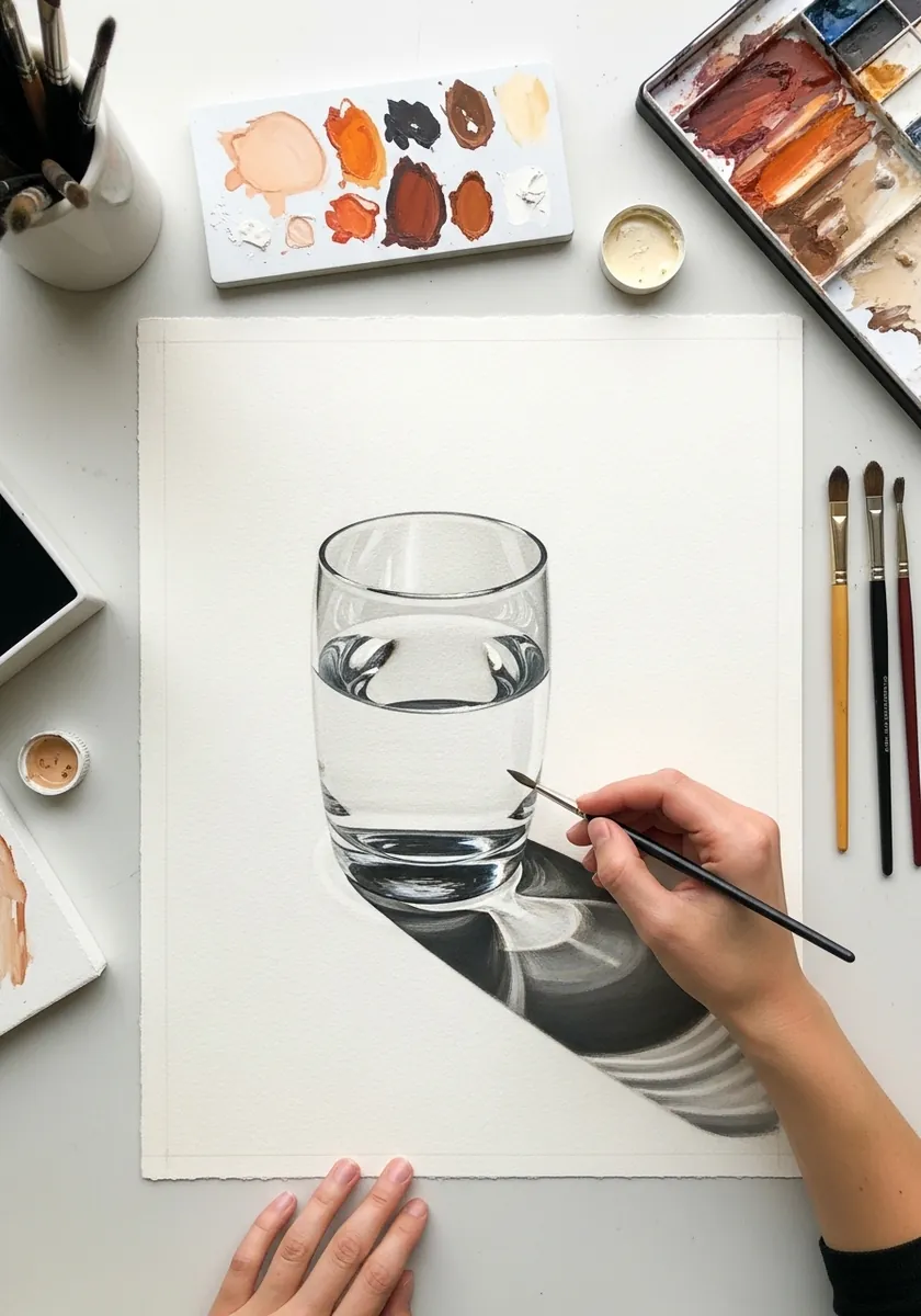 Detailed drawing of a clear glass of water with refraction and cast shadow