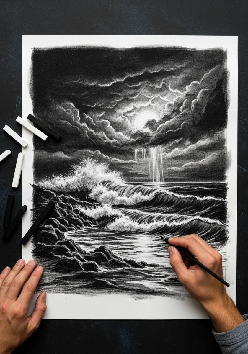 Dramatic charcoal drawing of a moonlit stormy sea under heavy clouds