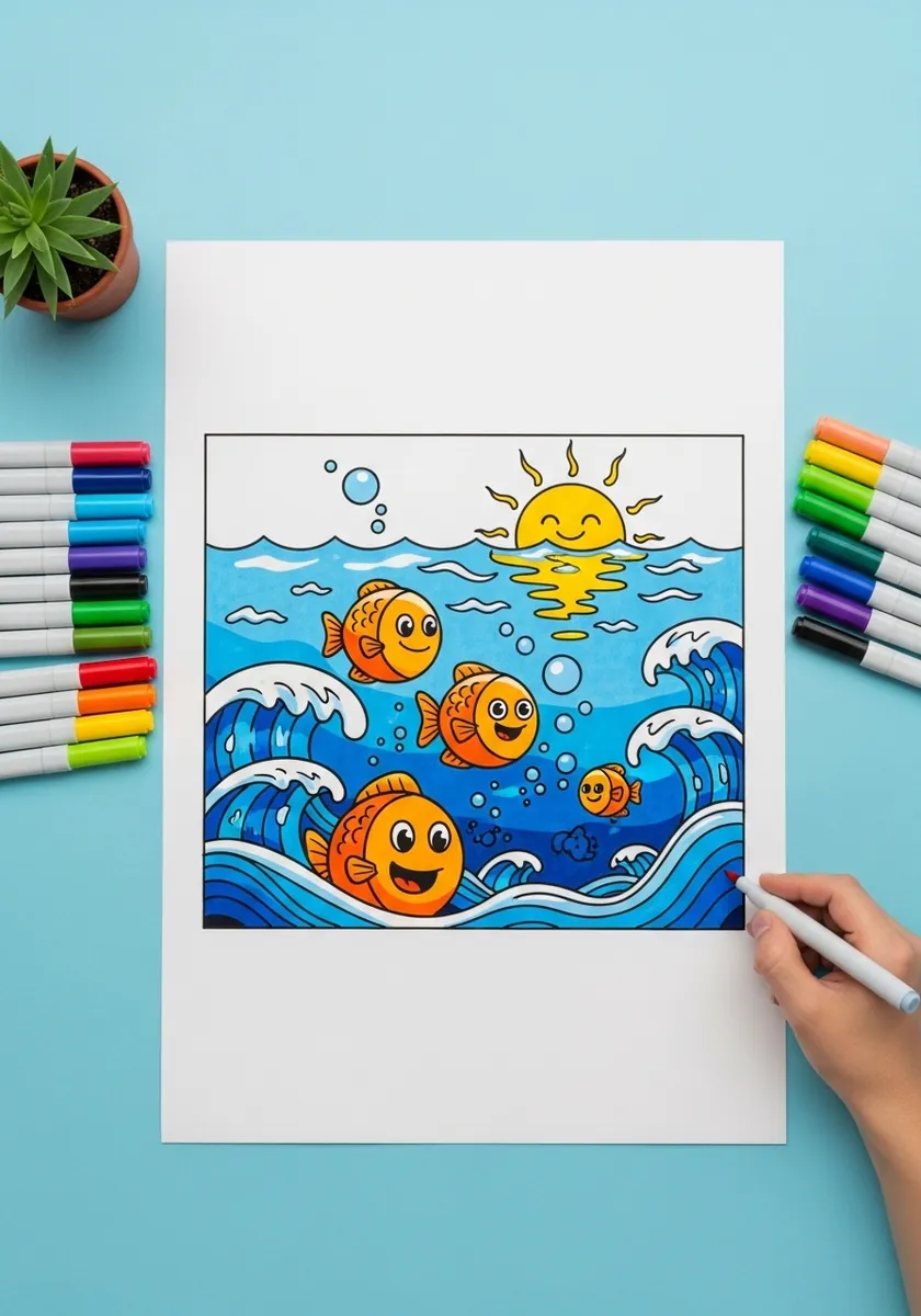 Cheerful cartoon drawing of orange fish among stylized blue waves and a sun