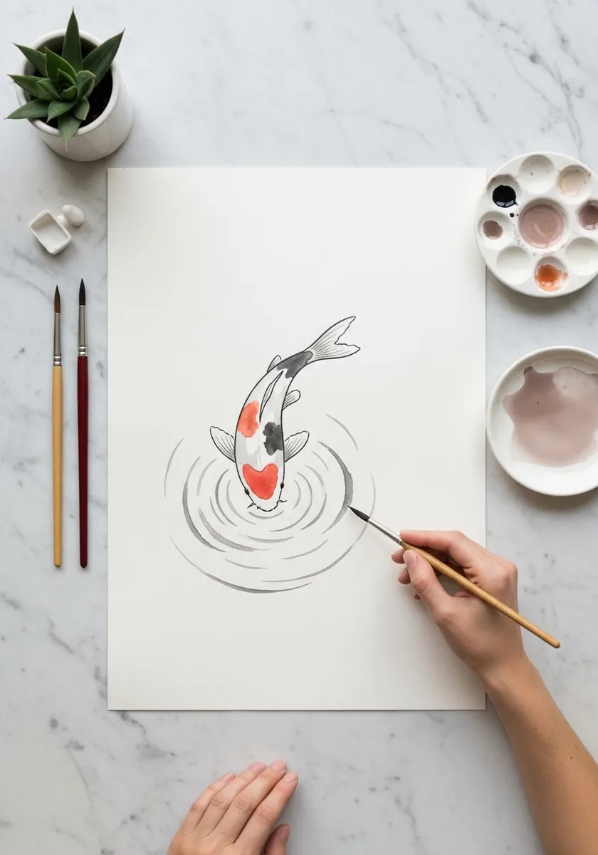 Minimal ink drawing of a single koi with concentric ripple rings around it