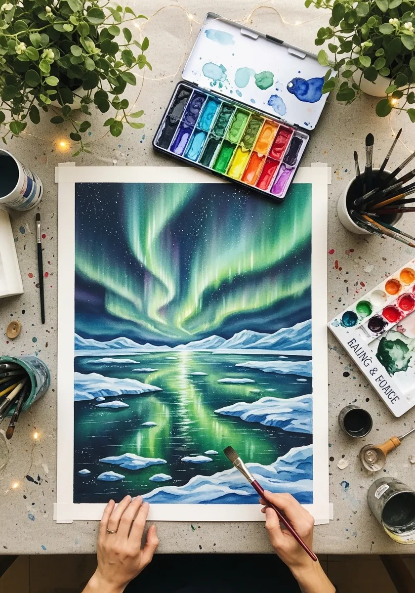 Watercolor painting of green aurora light reflected in still dark water
