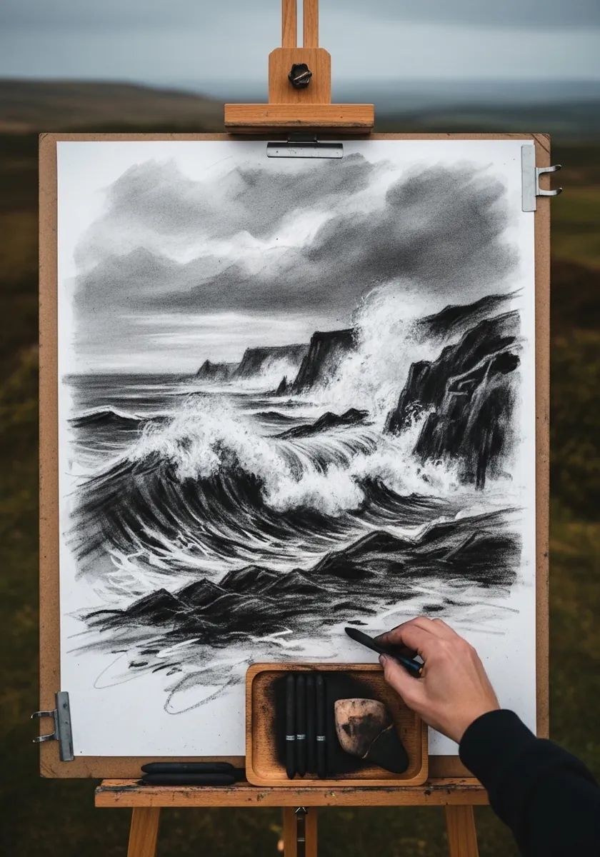 Dramatic charcoal drawing of stormy waves breaking against dark cliffs