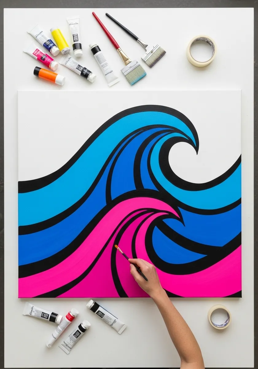 Flat graphic wave design in bold blue, pink and black with hard edges