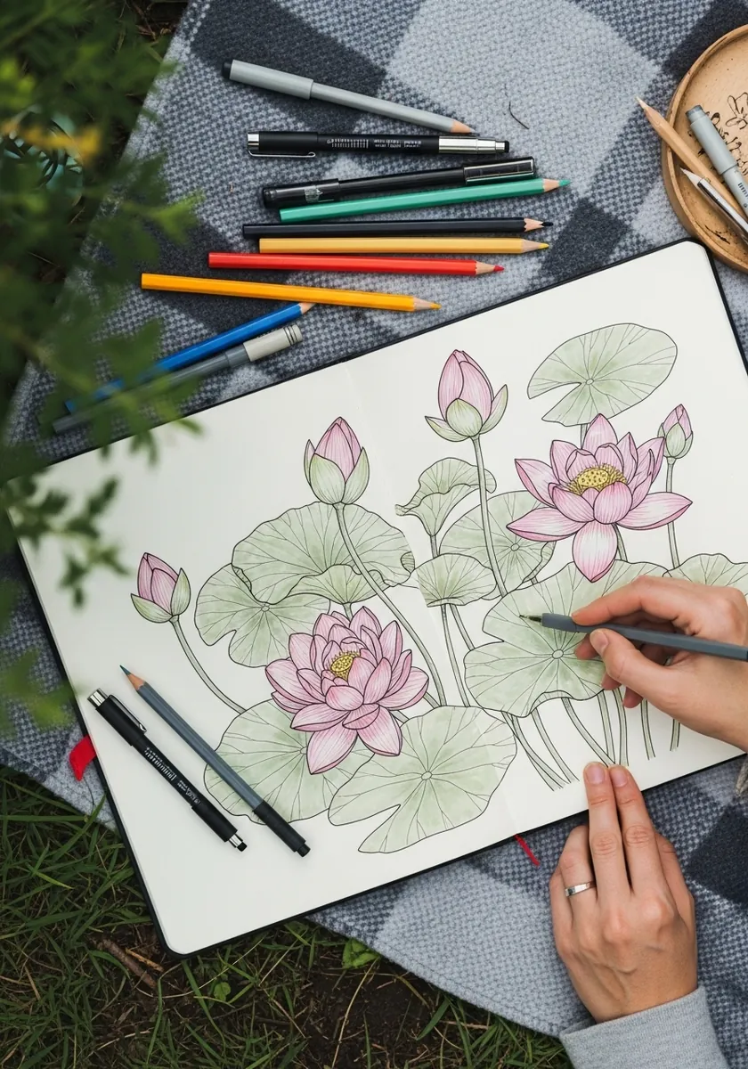 Colored pencil drawing of lotus flowers and lily pads on still pond water
