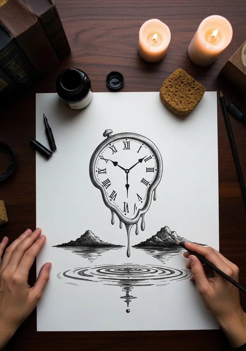 Surreal ink drawing of a melting clock dripping into rippling water below