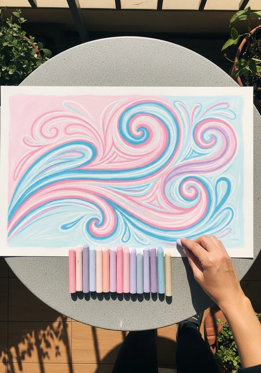 Soft pink and blue abstract swirls suggesting flowing water in pastel