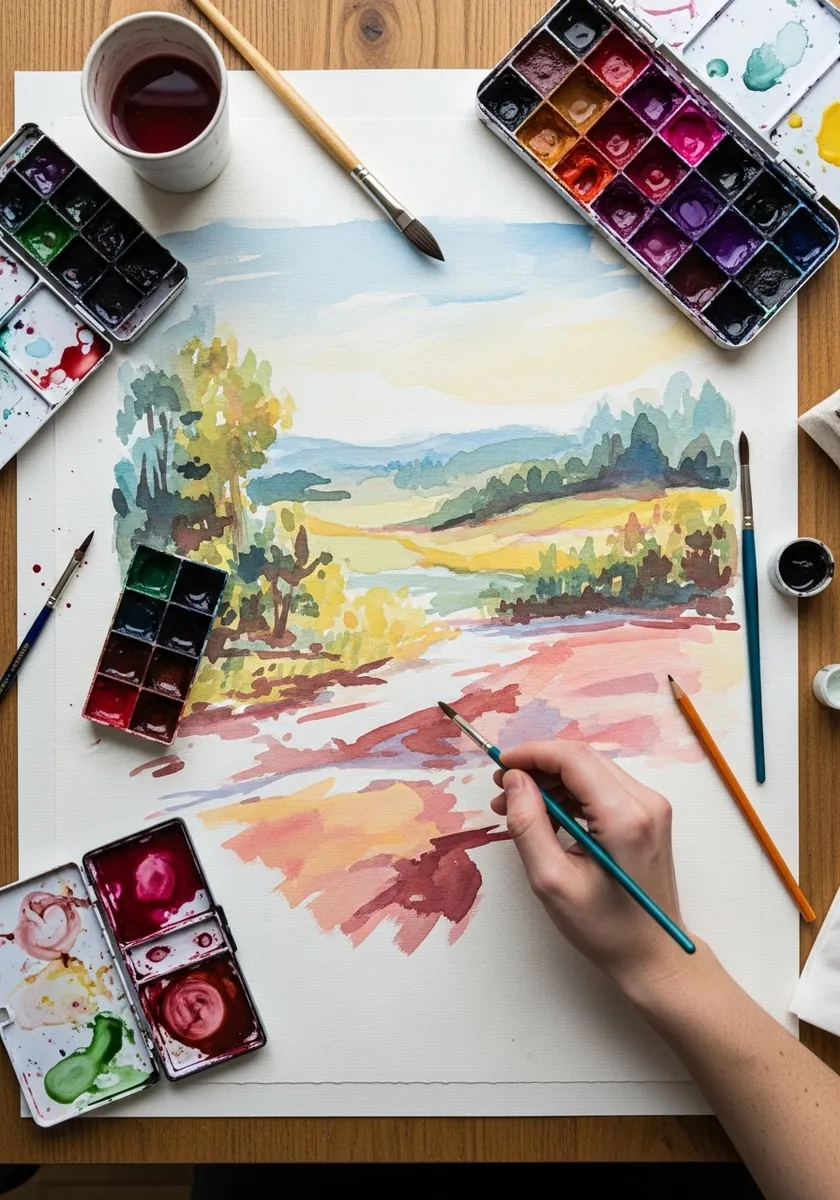 Artist painting a warm valley landscape in reds and greens with watercolor