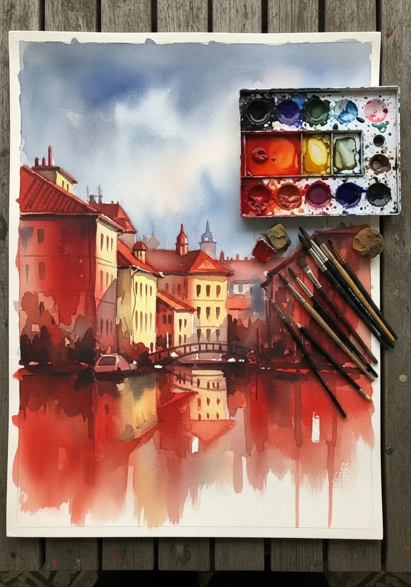 Artist painting a riverside town in reds with reflections in watercolor