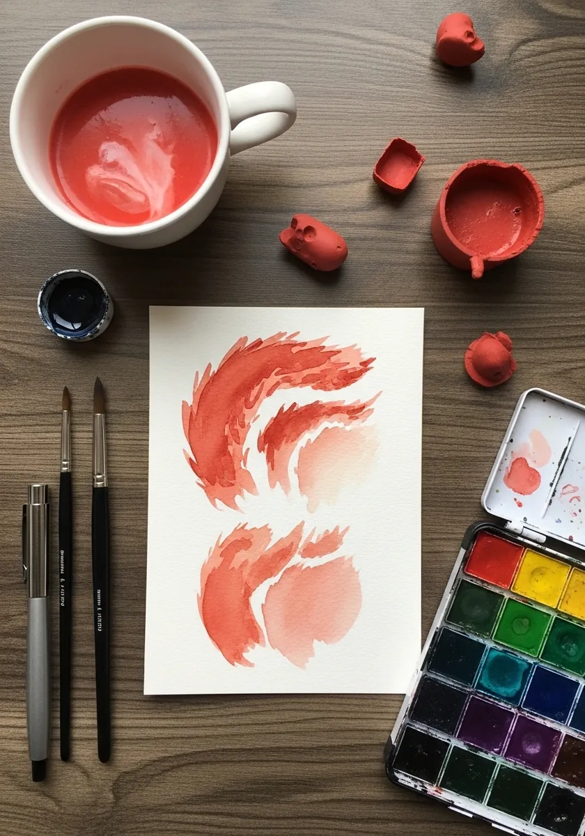 Artist painting a page of loose red brush marks beside a cup of tinted water