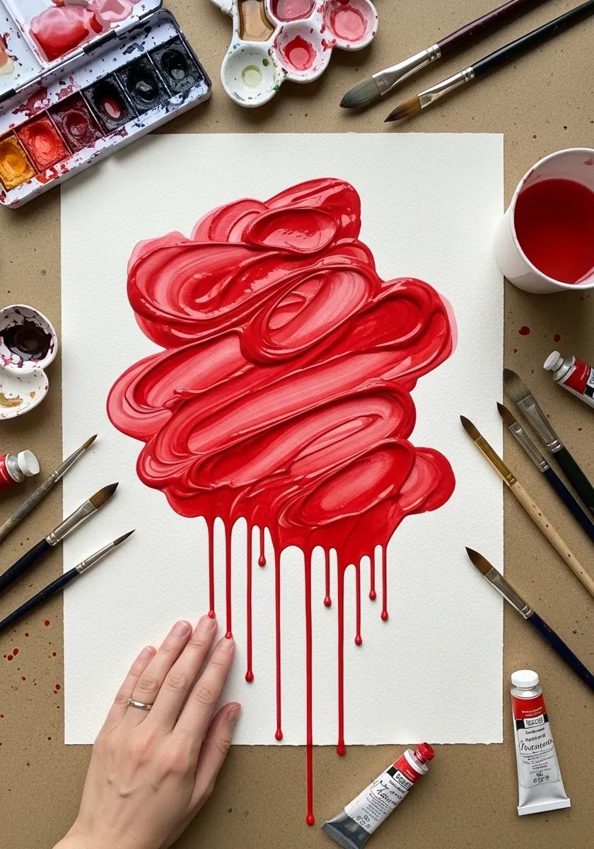 Artist painting a thick mass of red paint with long drips running down