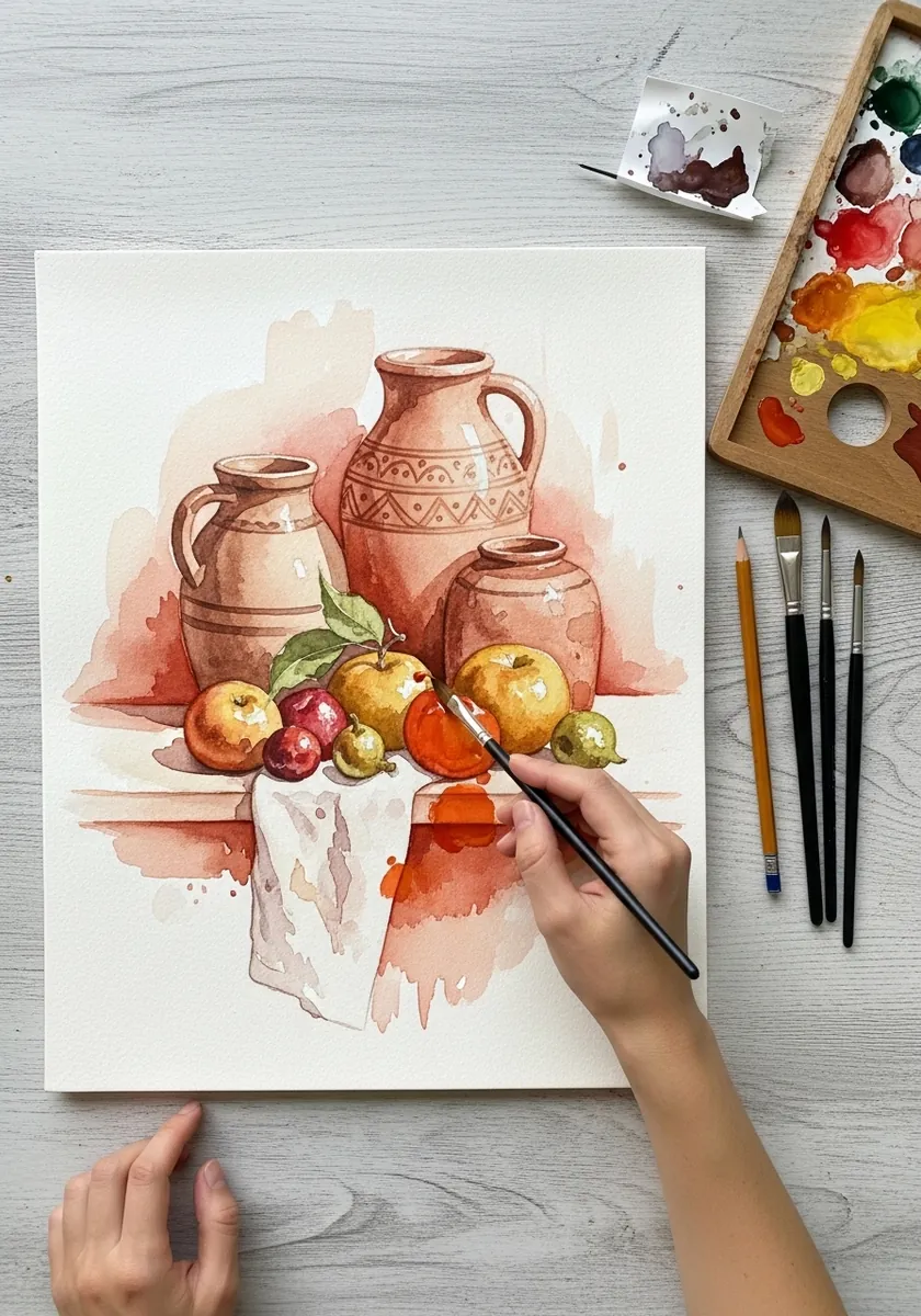 Artist painting a still life of terracotta jugs and fruit in watercolor