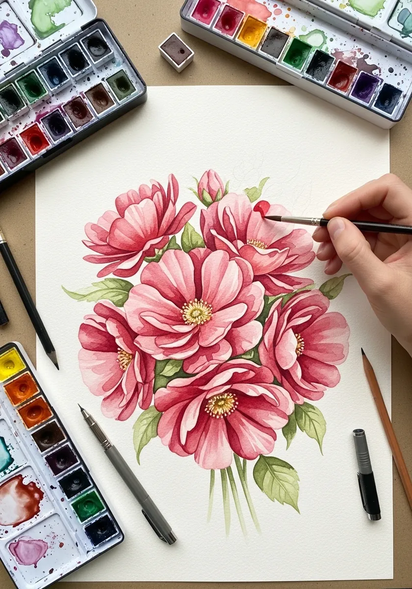 Artist painting a bouquet of warm pink and red peonies in watercolor